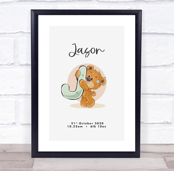 New Baby Birth Details Christening Nursery Bear Initial J Keepsake Gift Print