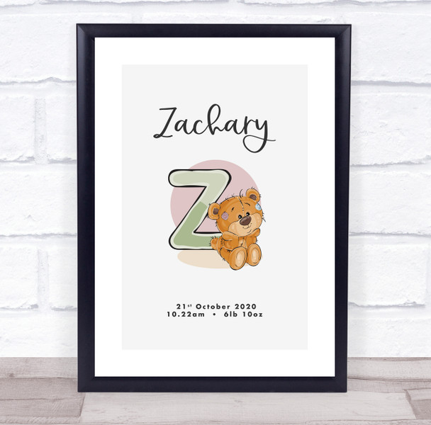 New Baby Birth Details Christening Nursery Bear Initial Z Keepsake Gift Print