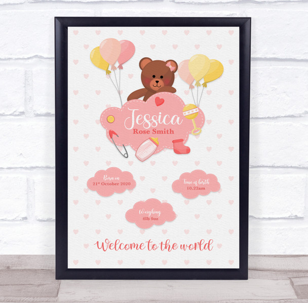 New Baby Birth Details Christening Nursery Bear Pink Toys Keepsake Gift Print