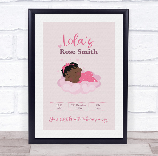 New Baby Birth Details Christening Nursery Dark Skin Girl Keepsake Gift Print