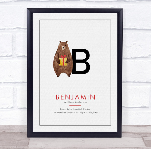 New Baby Birth Details Christening Nursery Initial B Bear Keepsake Gift Print