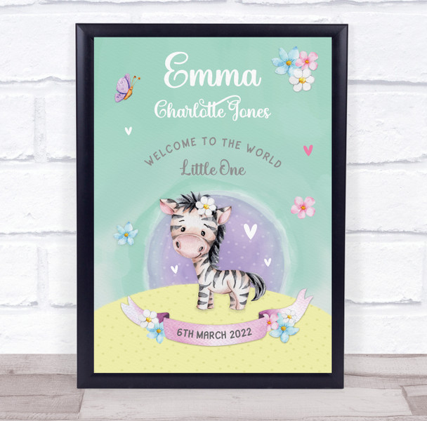 New Baby Birth Details New-born Nursery Christening Zebra Keepsake Gift Print