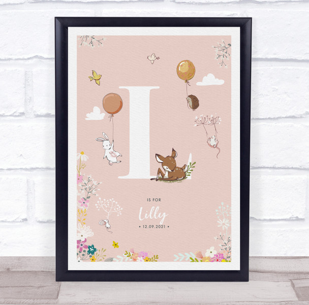 Baby Birth Details Nursery Christening Woodland Animals Pink Initial L Print