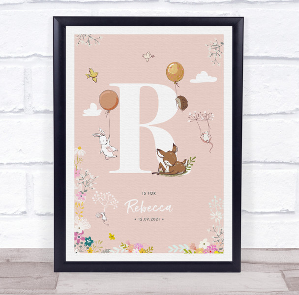 Baby Birth Details Nursery Christening Woodland Animals Pink Initial R Print