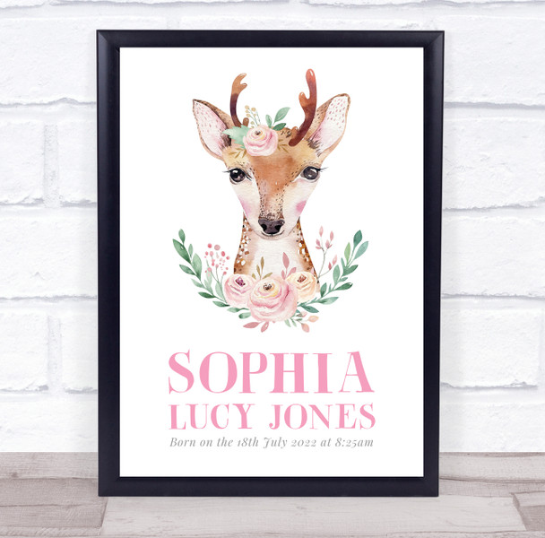 New Baby Birth Details New-born Nursery Christening Deer Keepsake Gift Print