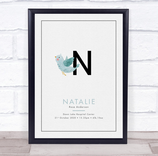 New Baby Birth Details Christening Nursery Initial N Nightingale Gift Print