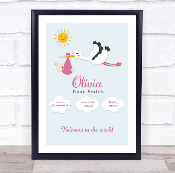 New Baby Birth Details Christening Nursery Stork Light Skin Girl Gift Print