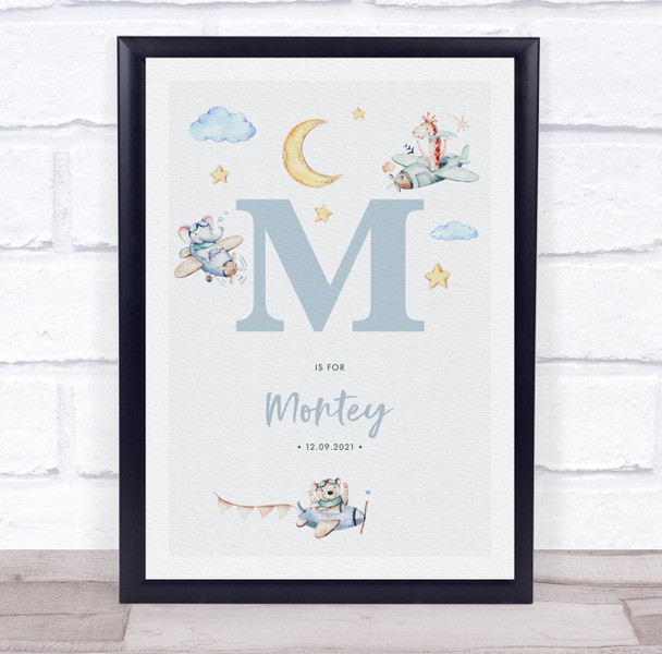 New Baby Birth Details Nursery Christening Blue Planes Initial M Gift Print