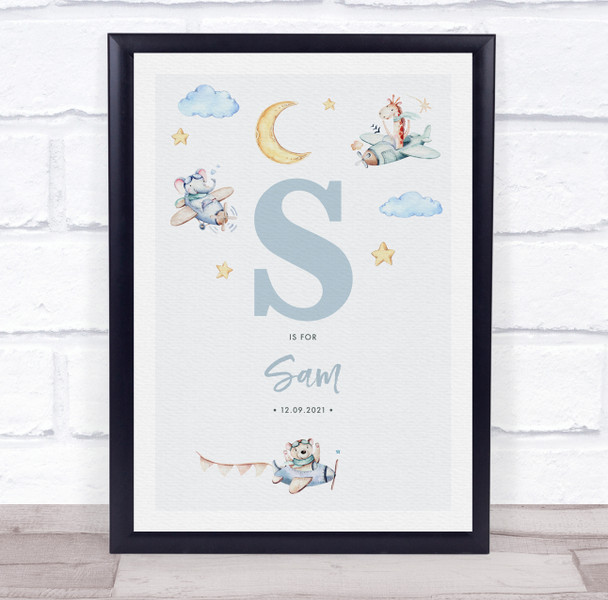 New Baby Birth Details Nursery Christening Blue Planes Initial S Gift Print