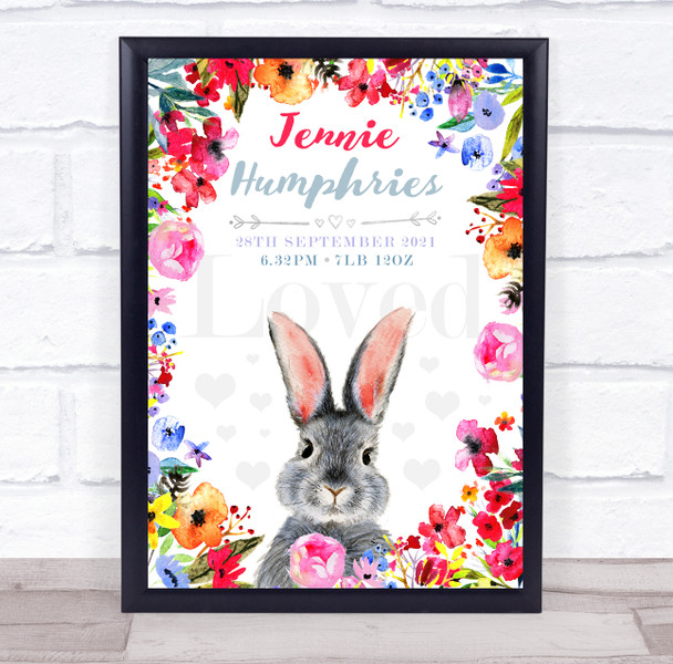 New Baby Birth Details Christening Nursery Floral Bunny Keepsake Gift Print