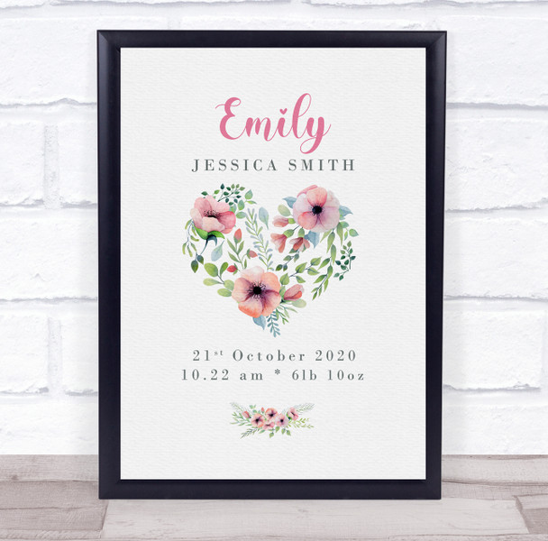 New Baby Birth Details Christening Nursery Floral Heart Keepsake Gift Print