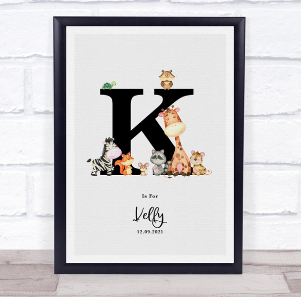 New Baby Birth Details Nursery Jungle Animals Initial K Keepsake Gift Print