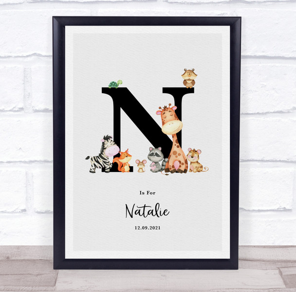 New Baby Birth Details Nursery Jungle Animals Initial N Keepsake Gift Print