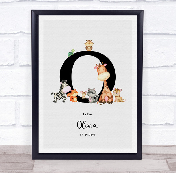 New Baby Birth Details Nursery Jungle Animals Initial O Keepsake Gift Print