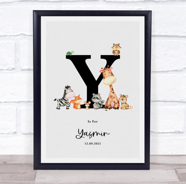 New Baby Birth Details Nursery Jungle Animals Initial Y Keepsake Gift Print