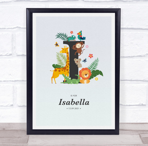 Jungle Animals Initial I Baby Birth Details Nursery Christening Gift Print