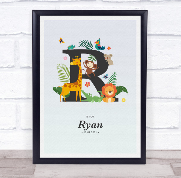 Jungle Animals Initial R Baby Birth Details Nursery Christening Gift Print