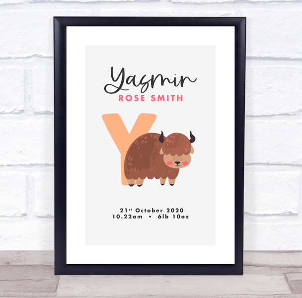 New Baby Birth Details Christening Nursery Bear Initial Yak Y Gift Print