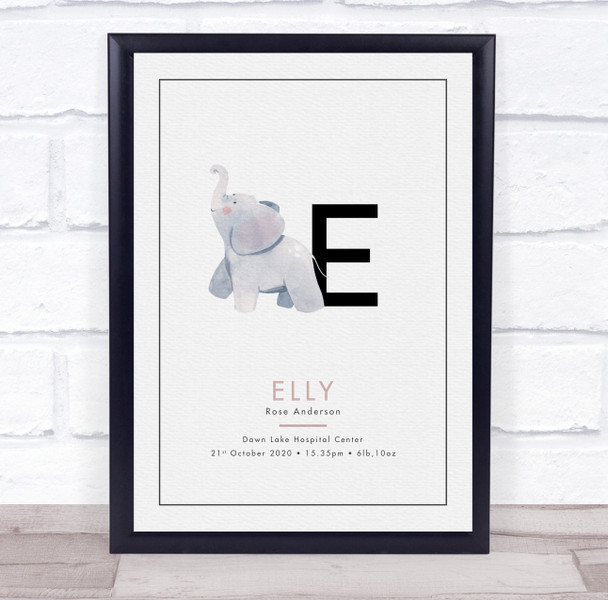 New Baby Birth Details Christening Nursery Initial E Elephant Gift Print