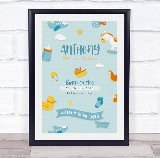 New Baby Birth Details Christening Nursery Toys Blue Keepsake Gift Print