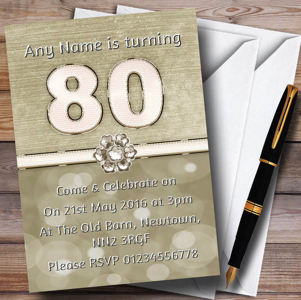 Titanium Gold And White 80Th Personalized Birthday Party Invitations