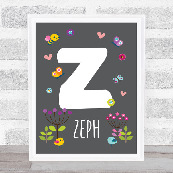 Grey Floral Butterfly Bird Initial Z Personalised Children's Wall Art Print