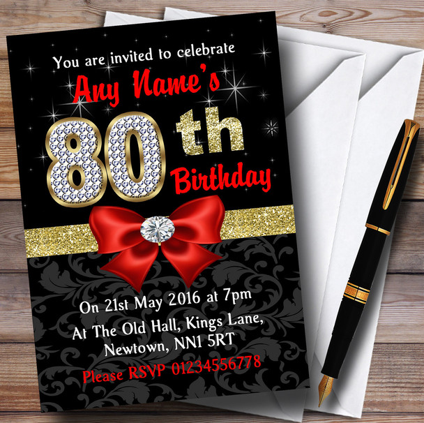 Red Black Gold Diamond 80Th Birthday Party Personalized Invitations