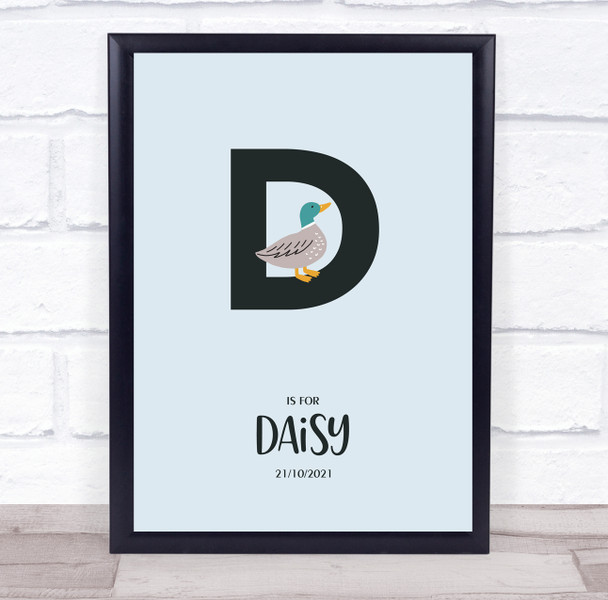 Initial Letter D With Duck Personalised Children's Wall Art Print