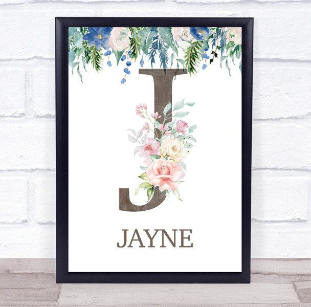 Floral Any Name Initial J Personalised Children's Wall Art Print