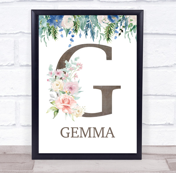 Floral Any Name Initial G Personalised Children's Wall Art Print
