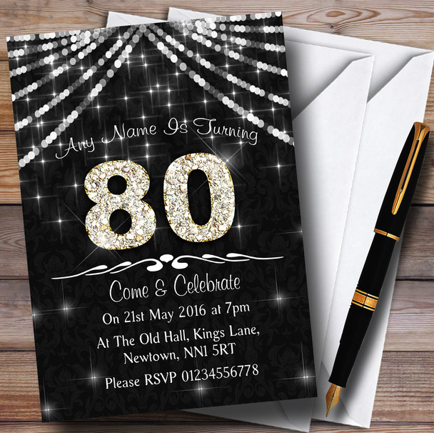 80Th Charcoal Grey & White Bling Sparkle Birthday Party Personalized Invitations