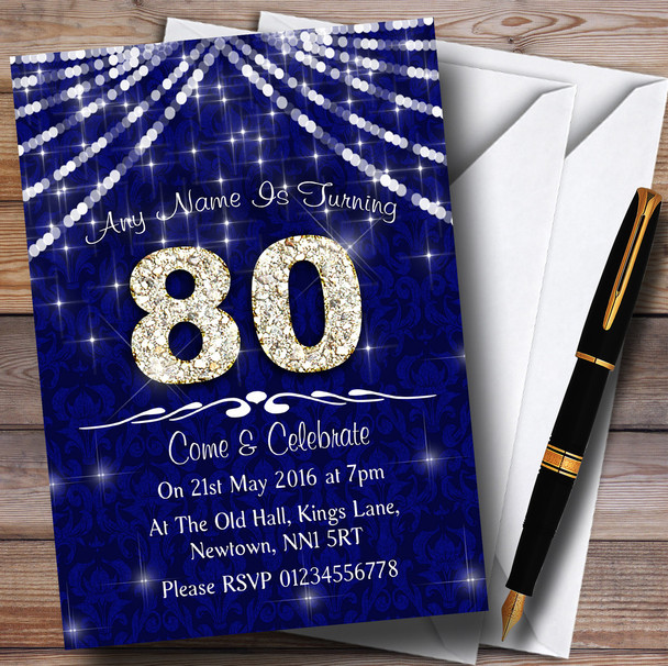 80Th Navy Blue & White Bling Sparkle Birthday Party Personalized Invitations