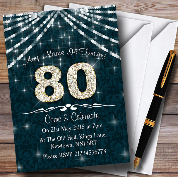 80Th Turquoise & White Bling Sparkle Birthday Party Personalized Invitations