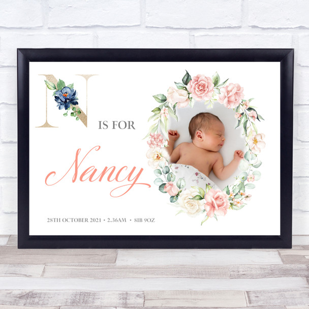 New Baby Birth Details Christening Nursery Initial Photo Pink Gift Print