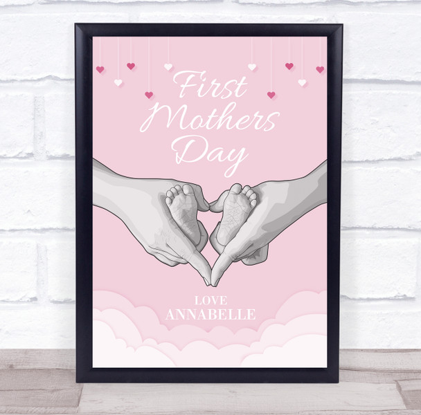 Baby Feet First Mothers Day Pink Hearts Personalized Gift Art Print