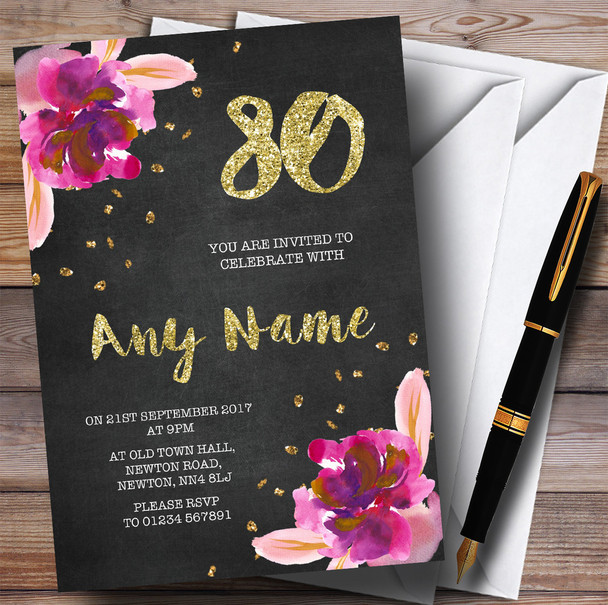 Chalk Gold Confetti Pink Flowers 80th Personalized Birthday Party Invitations