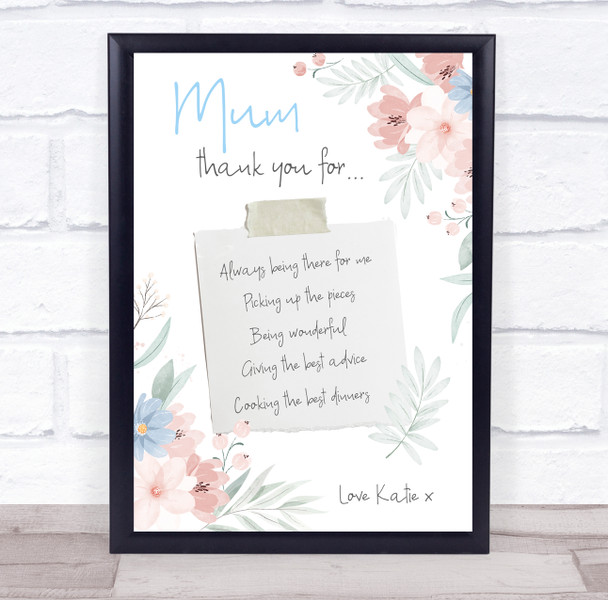 Mum Thank You For List Note Floral Pretty Personalized Gift Art Print