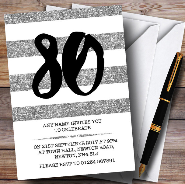 Glitter Silver & White Striped 80th Personalized Birthday Party Invitations