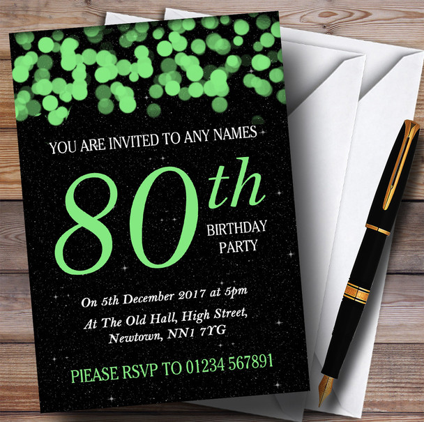 Green Bokeh & Stars 80th Personalized Birthday Party Invitations