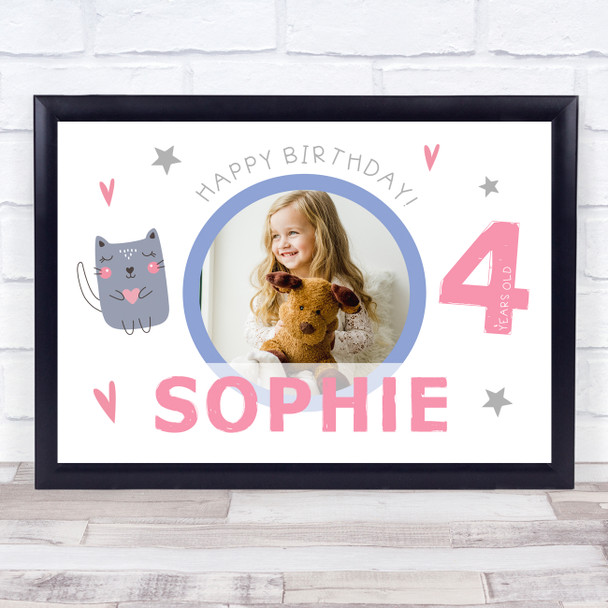 4th Birthday Girl Pink Cute Cat Photo Personalized Gift Art Print