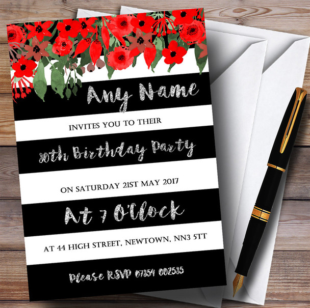 Red Floral Black White Silver 80th Personalized Birthday Party Invitations