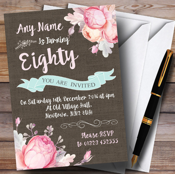 Vintage Burlap Style Floral 80th Personalized Birthday Party Invitations