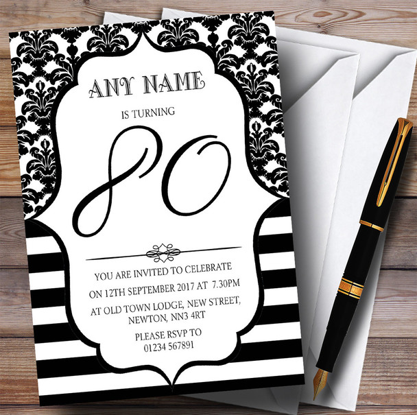 Vintage Damask Black & White 80th Personalized Birthday Party Invitations