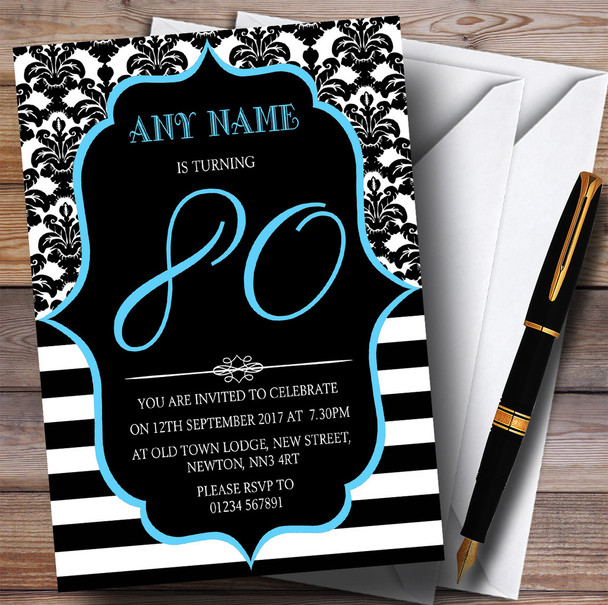 Vintage Damask Blue 80th Personalized Birthday Party Invitations