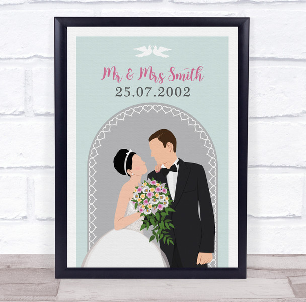 Black Hair Bride & Brown Hair Groom Anniversary Personalized Gift Print