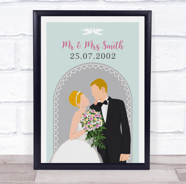 Blonde Hair Bride & Blonde Hair Groom Anniversary Personalized Gift Print