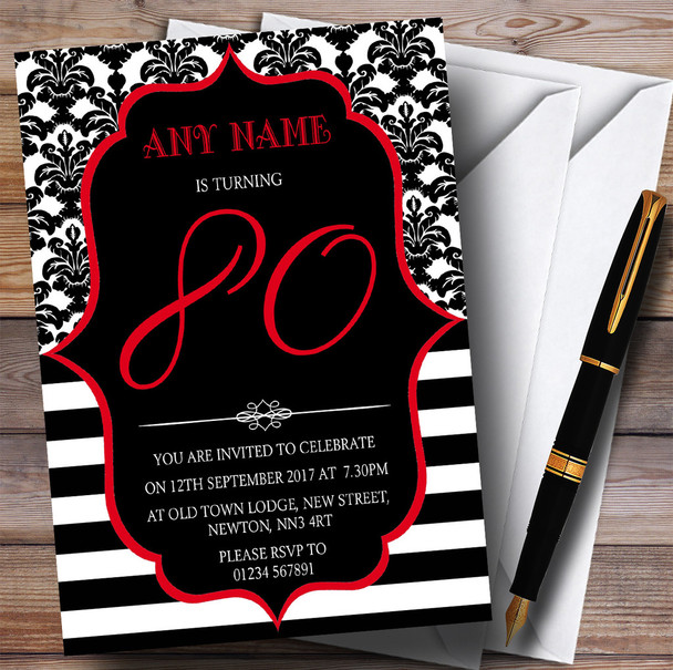 Vintage Damask Red 80th Personalized Birthday Party Invitations