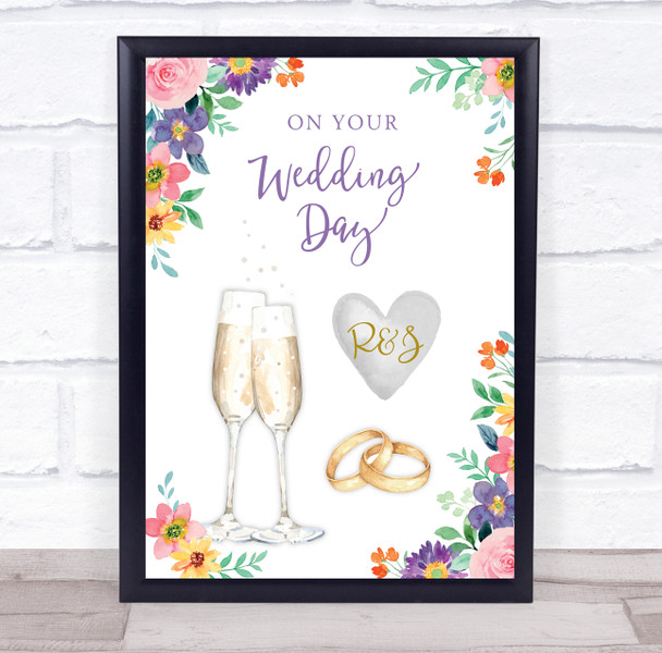 Bright Flowers Floral Champagne Flutes Rings Married Personalized Gift Print