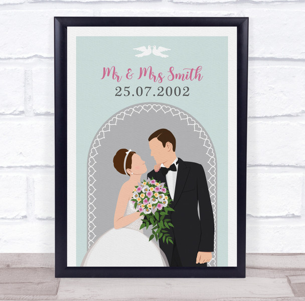 Brown Hair Bride & Brown Hair Groom Anniversary Personalized Gift Print