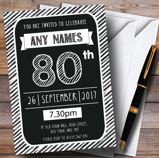 Black & White Stripy Deco 80th Personalized Birthday Party Invitations